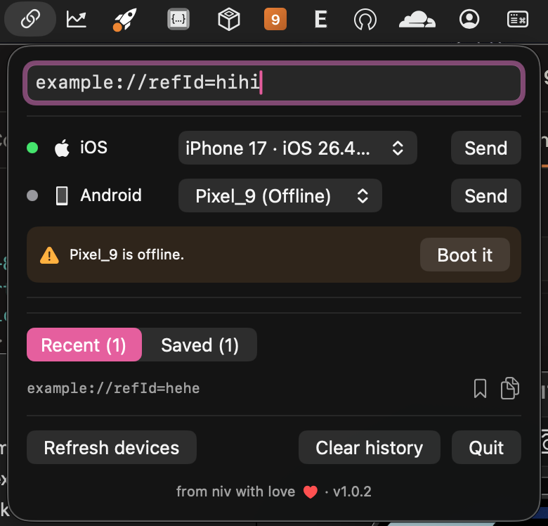 mlink menu-bar popover: paste a deep link, pick an iOS or Android target, and hit Send